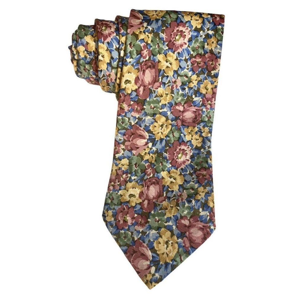 BROOKS BROTHERS Makers Tie, Yellow Peach Blue Sage Flowers Tulips Silk‎